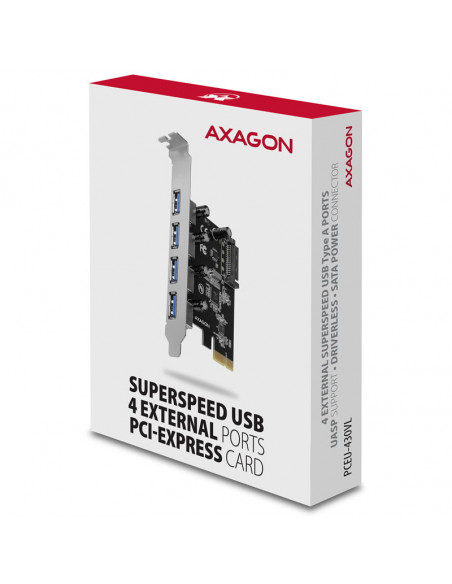 AXAGON Adaptador PCIe PCEU-430VL, 4x ext. Puertos USB 3.0 - Conjunto de chips VIA Labs VL805 casemod.es