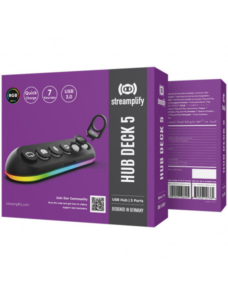Streamplify HUB DECK 5, 4x USB 3.0, 1x USB 2.0, RGB, 12V, cable de alimentación de la UE - negro casemod.es