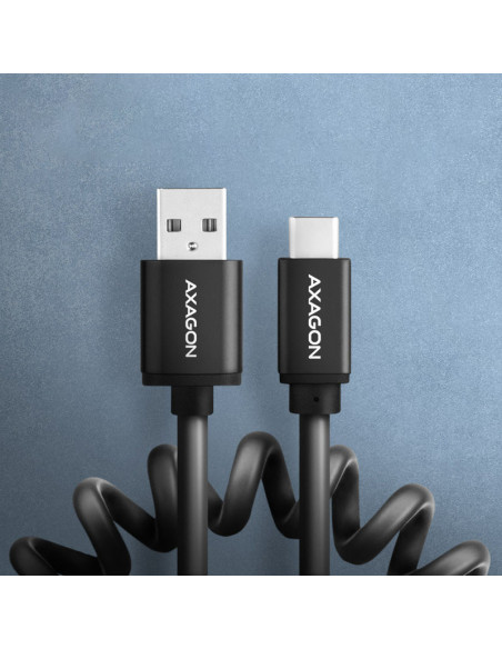 AXAGON BUCM-AM20TB cable en espiral, USB-C a USB-A, 1 m, USB 2.0, 2,4 A, ALU, PVC - Negro casemod.es